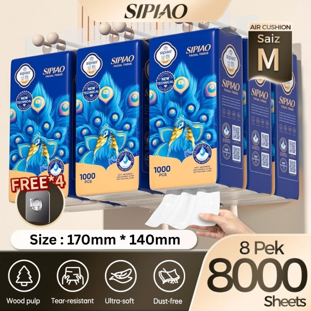 Sipiao 5-Ply Thick Soft Tissue Paper 8-Pack, 1000 Sheets, Super ...