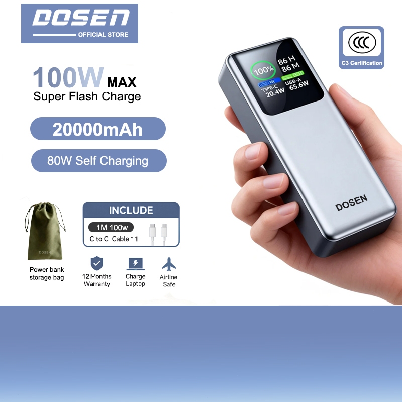 【3C Certification】DOSEN 100W Power Bank Fast Charging 20000mAh Laptop & Phone For Portable Suitable  Travel & Business