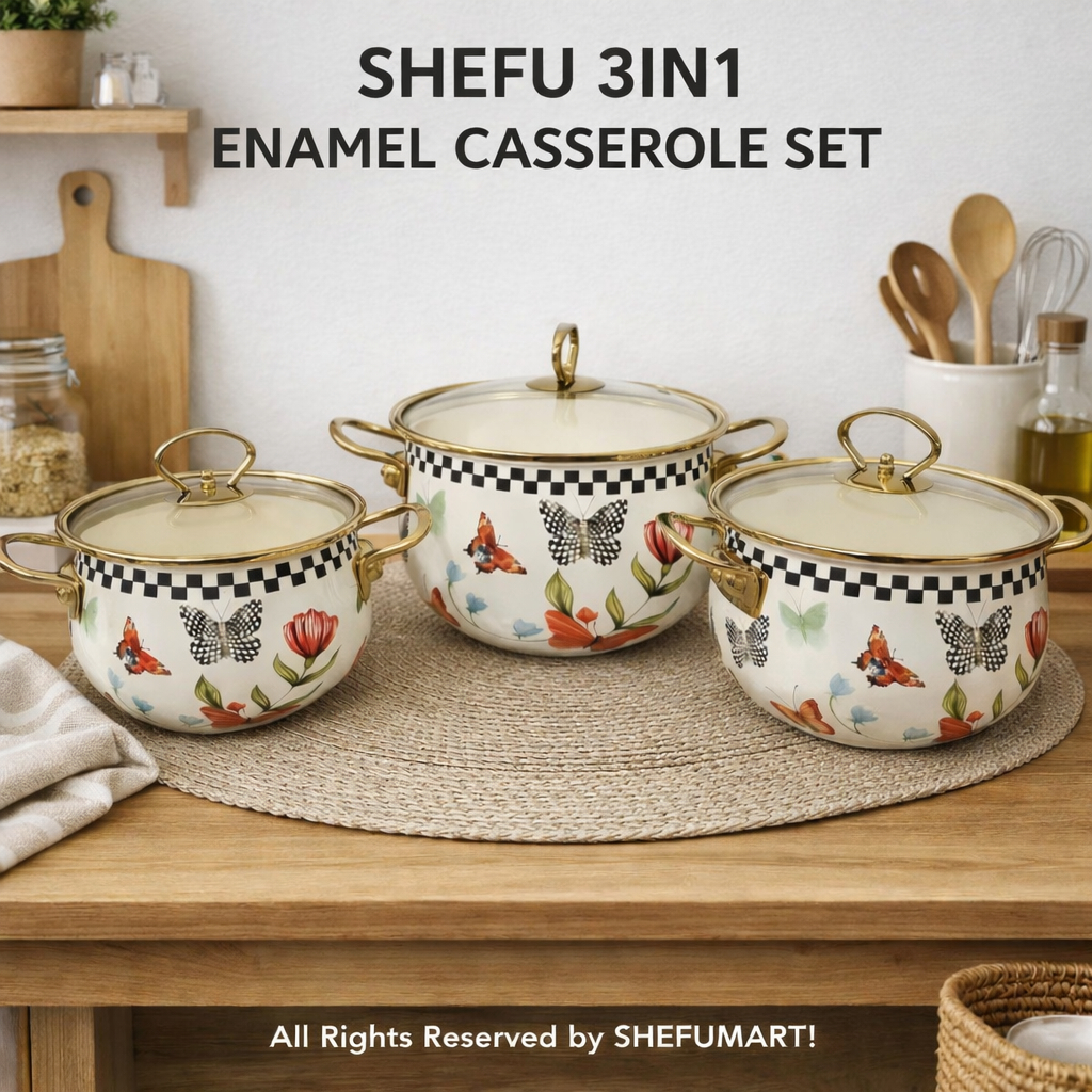 Shefu Butterfly Design Premium Enamel Cookware 3-Piece Set with Glass ...