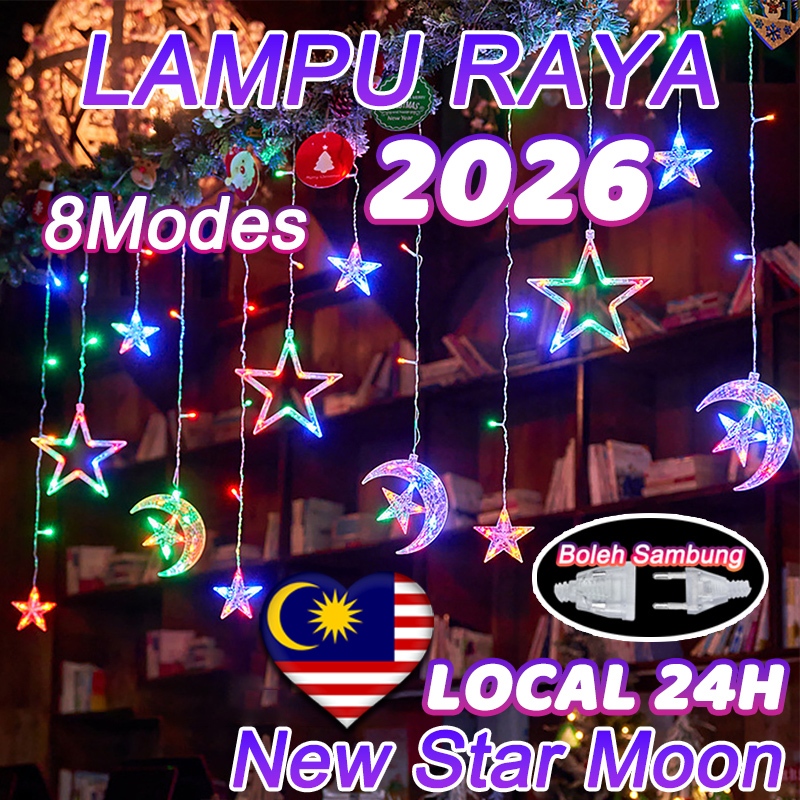 👍Lampu raya 8Modes star&Moon 5M LED Fairy lights Outdoor light Curtain ...