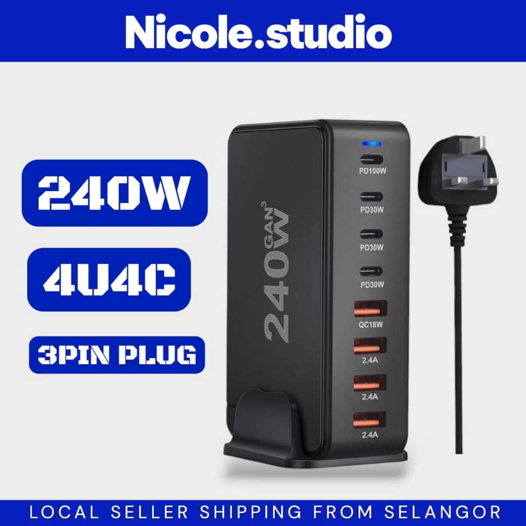 240W GaN 8-Port USB Charging Station | PD 100W USB-C Fast Charger for Laptop Phone Tablet