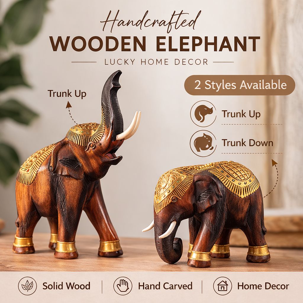 Handcrafted Wooden Elephant Statue Lucky Elephant Figurine Trunk Up ...