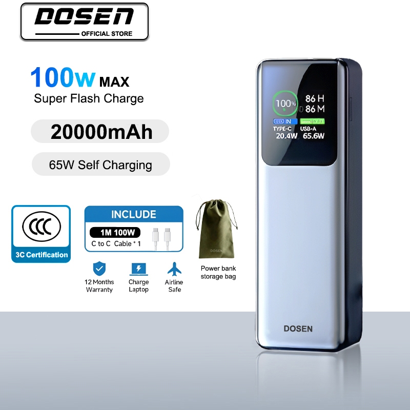 【3C Certification】DOSEN 100W Power Bank Fast Charging 20000mAh Laptop & Phone For Portable Suitable  Travel & Business