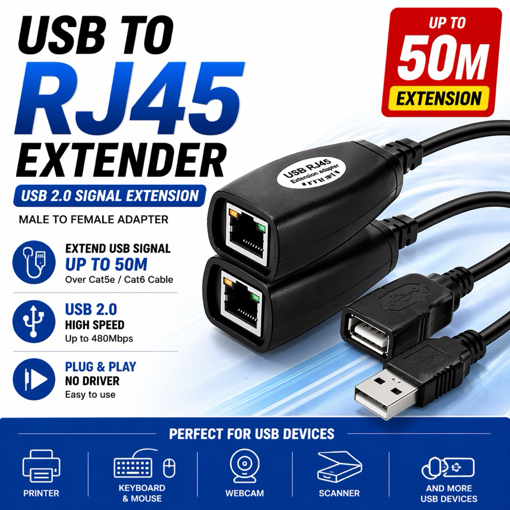 USB EXTENDER cable Extension To Rj45 50m USB 2.0 Male To Female CAT6 ...