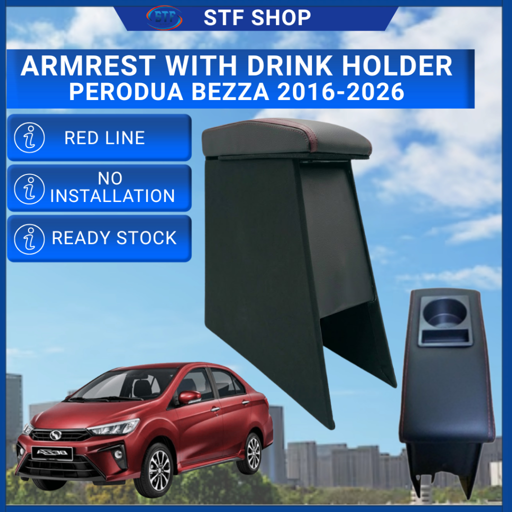 Perodua Bezza 2016- 2024 Armrest Box With Drink Holder PVC Red Line ...