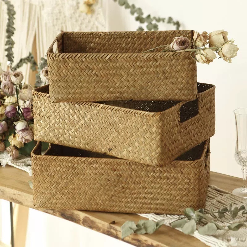 Handmade Rattan Seagrass Woven Storage Basket with Handles Woven ...