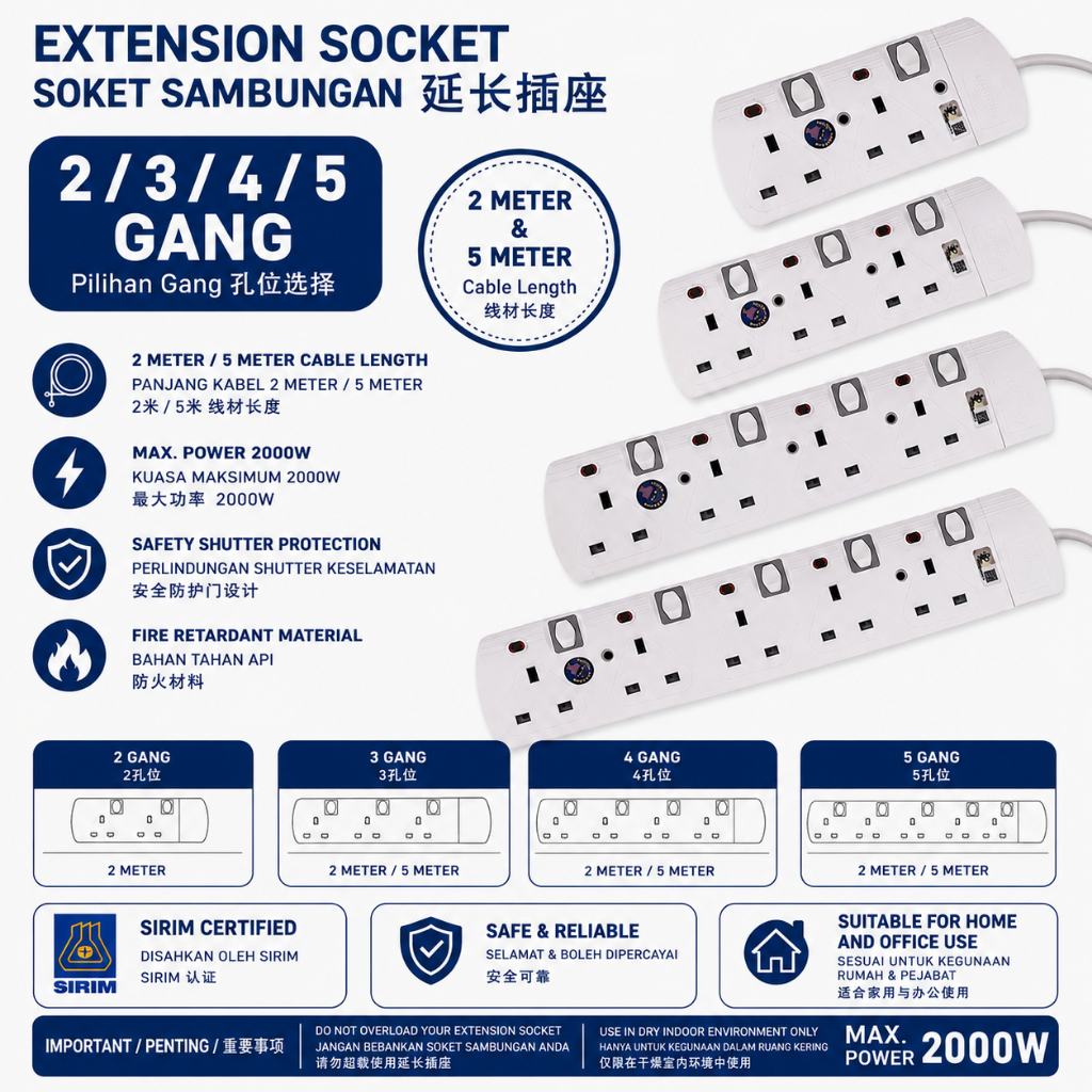Unipro 13a Sirim Extension Trailing Switch Socket With Cable and 13a ...