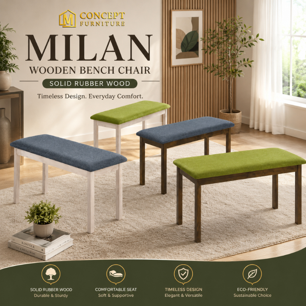 M Concept MILAN Solid Rubber Wood Bench Chair with Cushion Seat /Bench ...