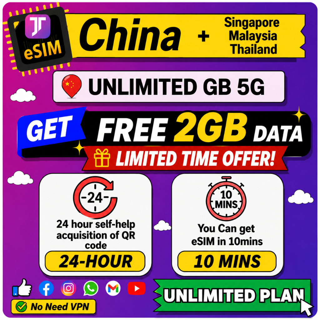 JTravel【 China eSIM 】 Unlimited HOTSPOT GB Travel Prepaid Digital SIM ...