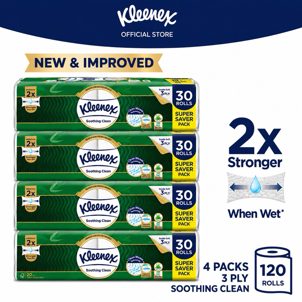 Kleenex Soothing Clean 3 Ply Toilet Tissue 120 Rolls (30R x 4 Packs ...