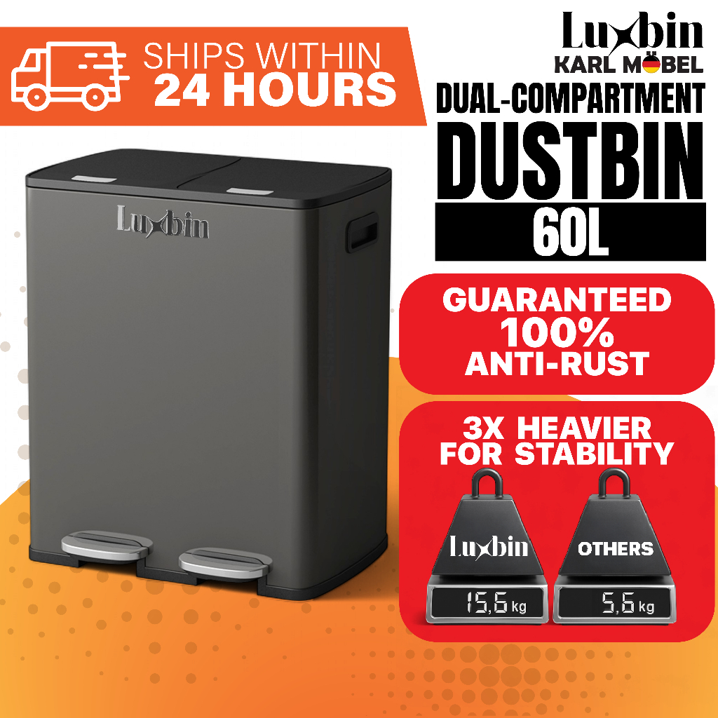 Luxbin™ Tong Sampah 60 liter Dustbin 60L Stainless Steel dustbin ...