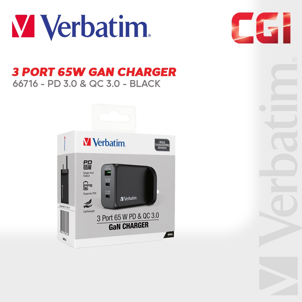 Verbatim 66716 3 Port 65W PD 3.0 & QC 3.0 GaN Charger - Black | Shopee ...