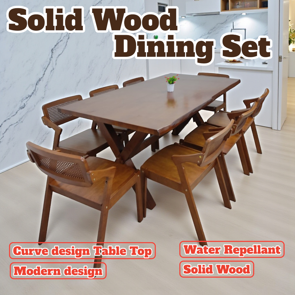 FS2U 4007 Curving Table Solid Wooden Chair Dining Table Set 1+6 Meja ...