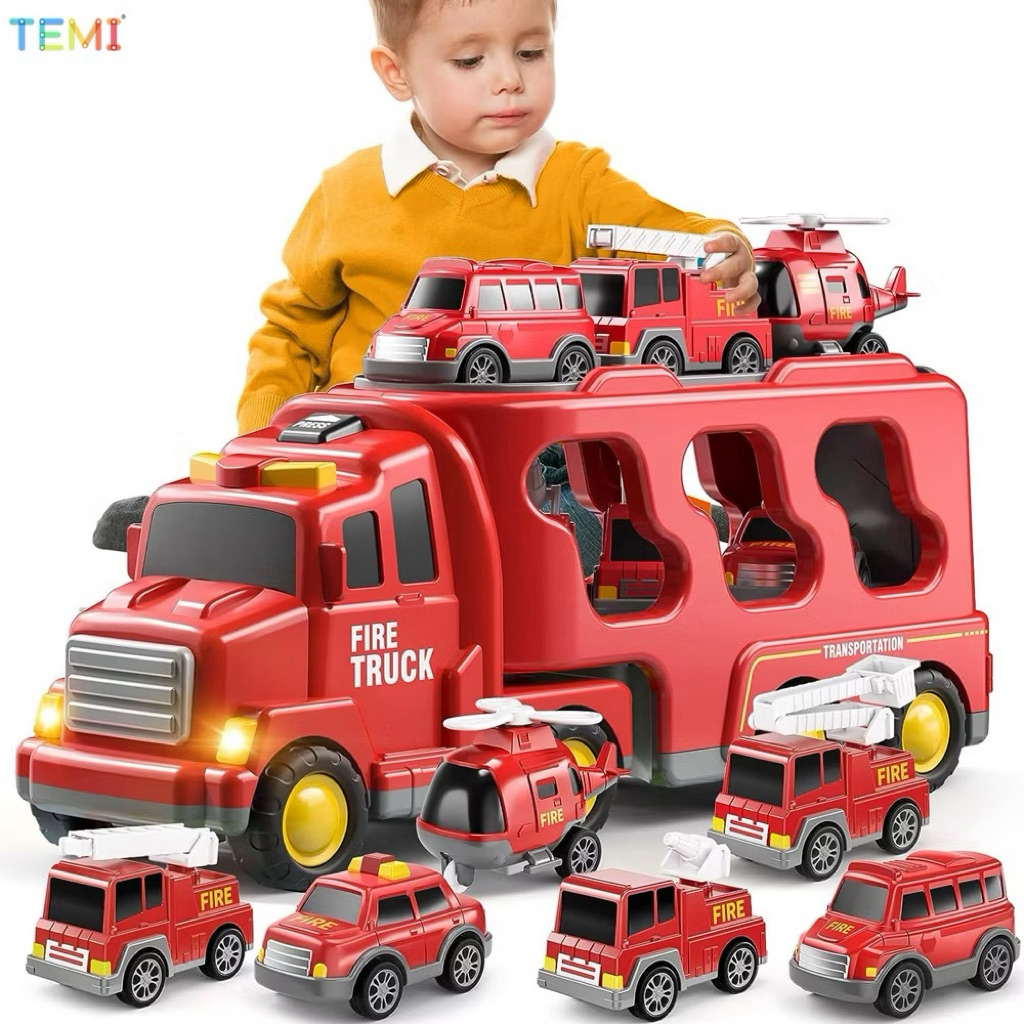 TEMI Toddler Fire Toys 5 in 1 Carrier Truck Transport Cars Friction ...