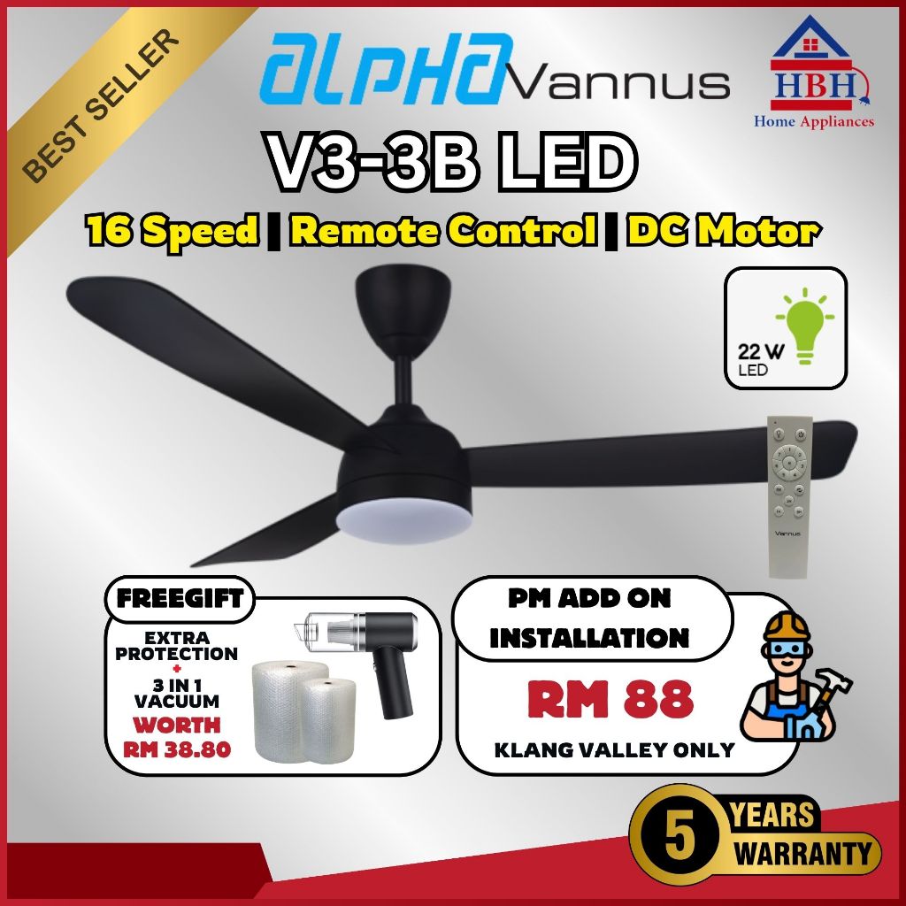 【ALPHA Vannus V3 LED】DC Motor Ceiling Fan with 3 Blades 8 Speed Remote ...