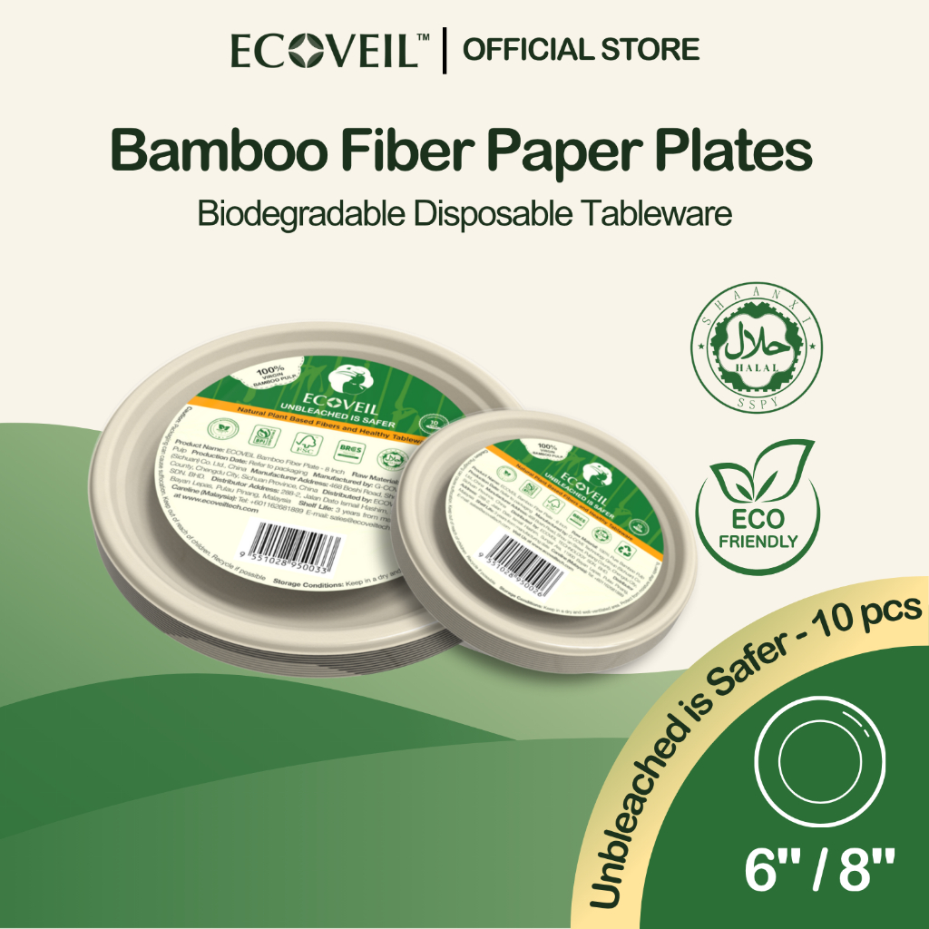 ECOVEIL [Halal] Biodegradable Bamboo Fiber Paper Plate 6-inch/ 8-inch ...