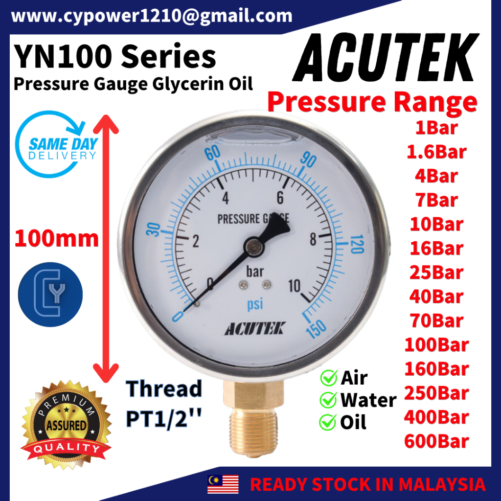 ACUTEK Pressure Gauge 100mm(4’’) x 1.0~600bar Glycerin Oil Pressure ...