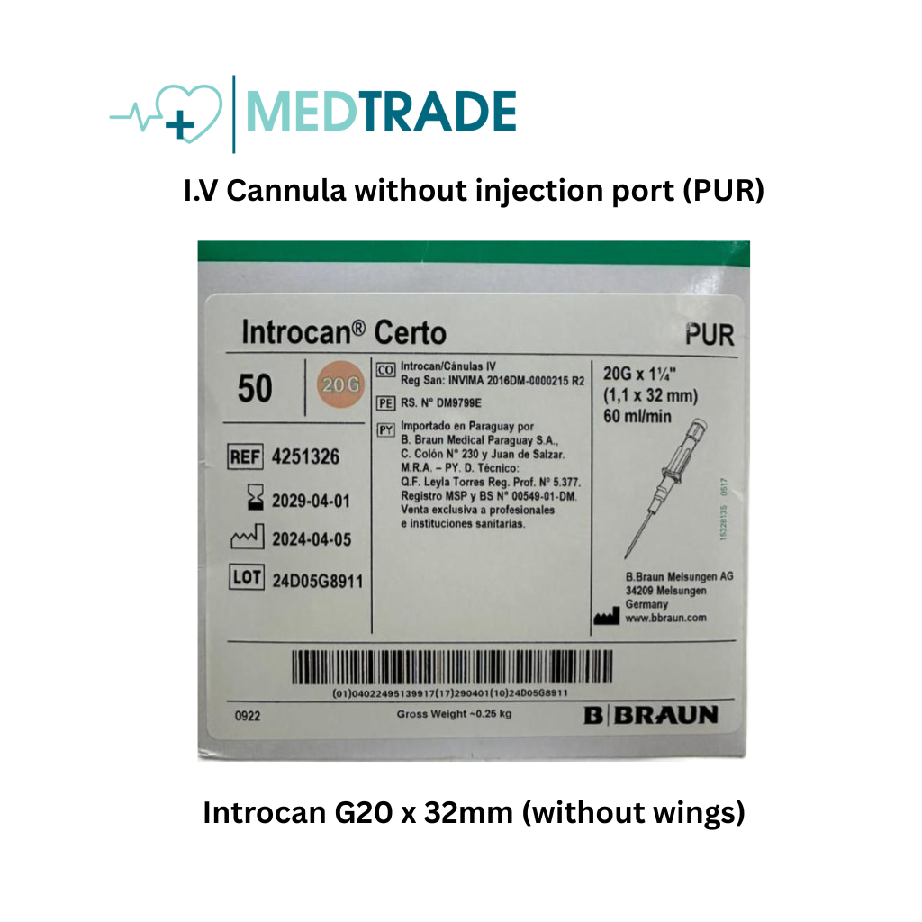 Introcan G20 I.V Cannula without Wings - 32mm PUR without Injection ...