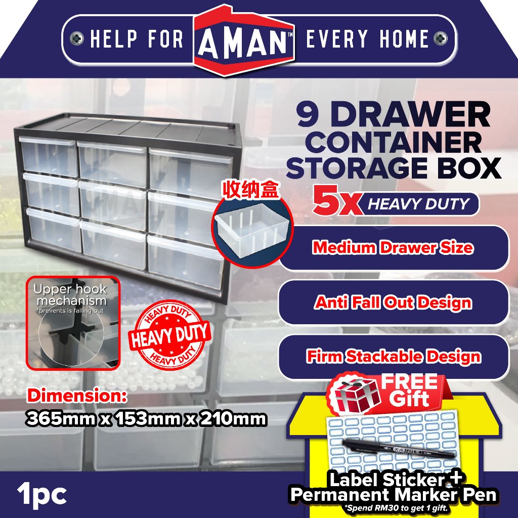 AMAN 9 Drawers Heavy Duty Stackable Hard Plastic Small Drawer Multi ...