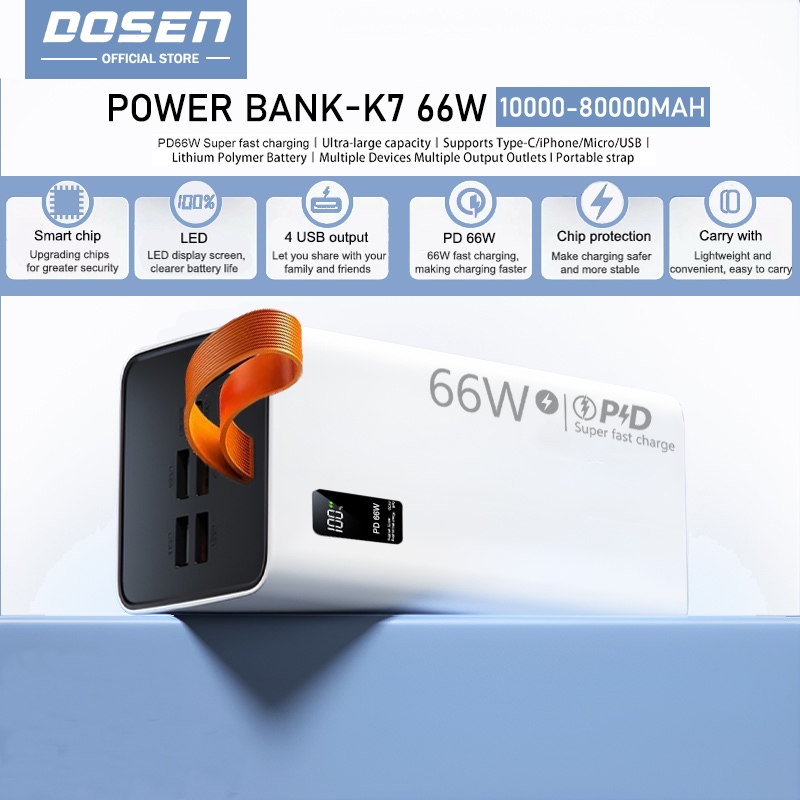 DOSEN Power Bank K7 Fast Charging Four USB Portable Digital Display Black White(PD66W/10000mAh-80000mAh)