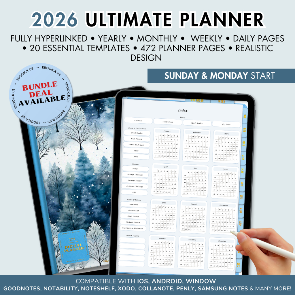2026 Ultimate Portrait Digital Planner Blue Frost with 3000+ stickers ...