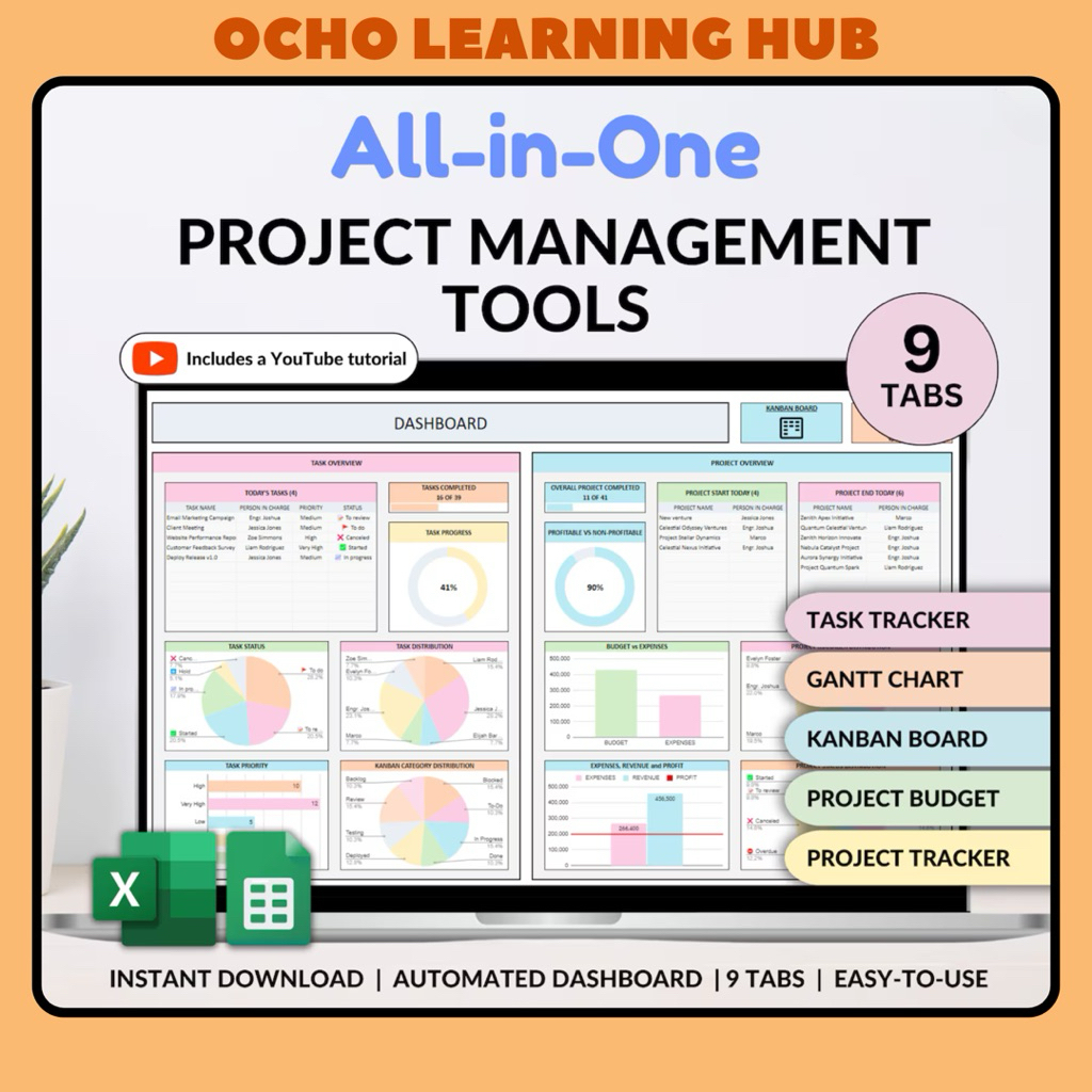 Project Management Spreadsheet | Task Tracker, To-Do List, Gantt Chart ...