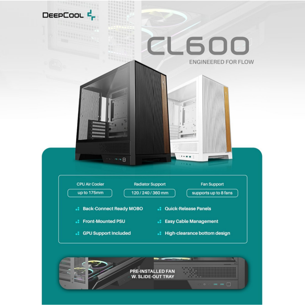DEEPCOOL CL600 SERIES - MID TOWER WOOD ACCENT TG WITH PRE-INSTALLED 2 X ...