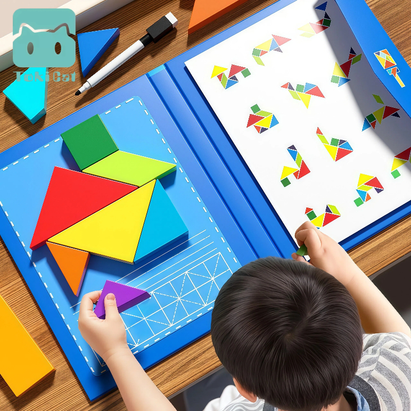 Toki Magnetic Geometric Tangram Board Wooden Jigsaw Puzzle Toys Early ...