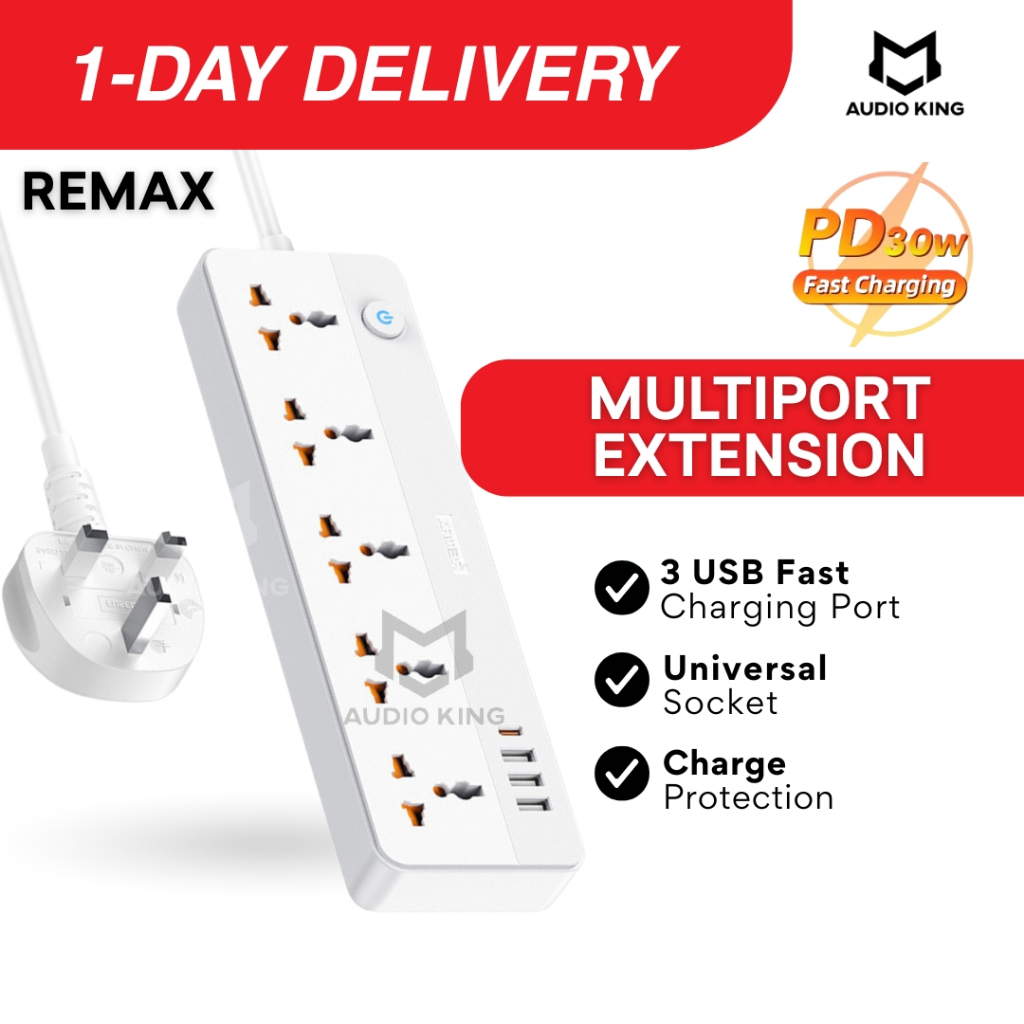 REMAX Heavy Duty Extension Plug With USB Smart Port Wire Power Socket ...