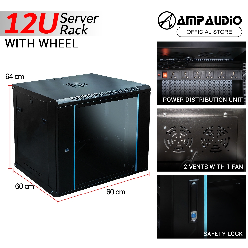 AmpAudio 12U Wall Mount Server Rack Cabinet Glass Door with PDU & Free ...