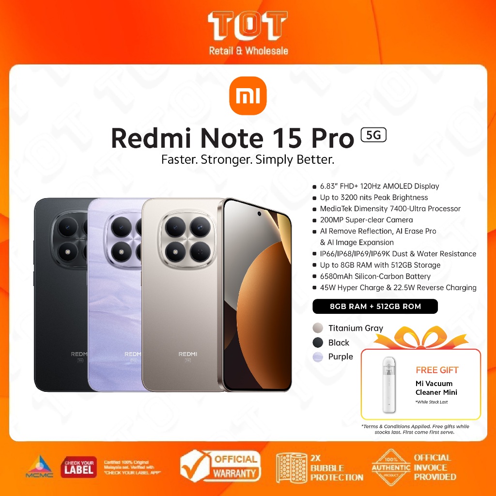XIAOMI Redmi Note 15 Pro 5G (8GB + 512GB) 6.83" AMOLED Display l 200MP Camera l 6580mAh Ultra-long Battery