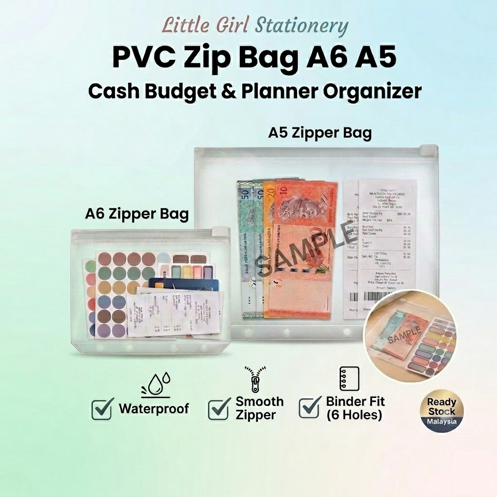 A6 A5 A4 PVC Zip Bag Waterproof Zipper Storage Pouch Binder Pocket Cash ...