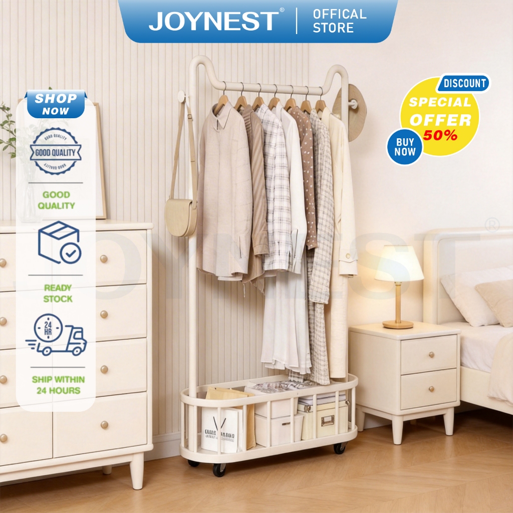 JOYNEST Steel Clothes Hanging Rack Moveable With Basket Wheels Strong ...