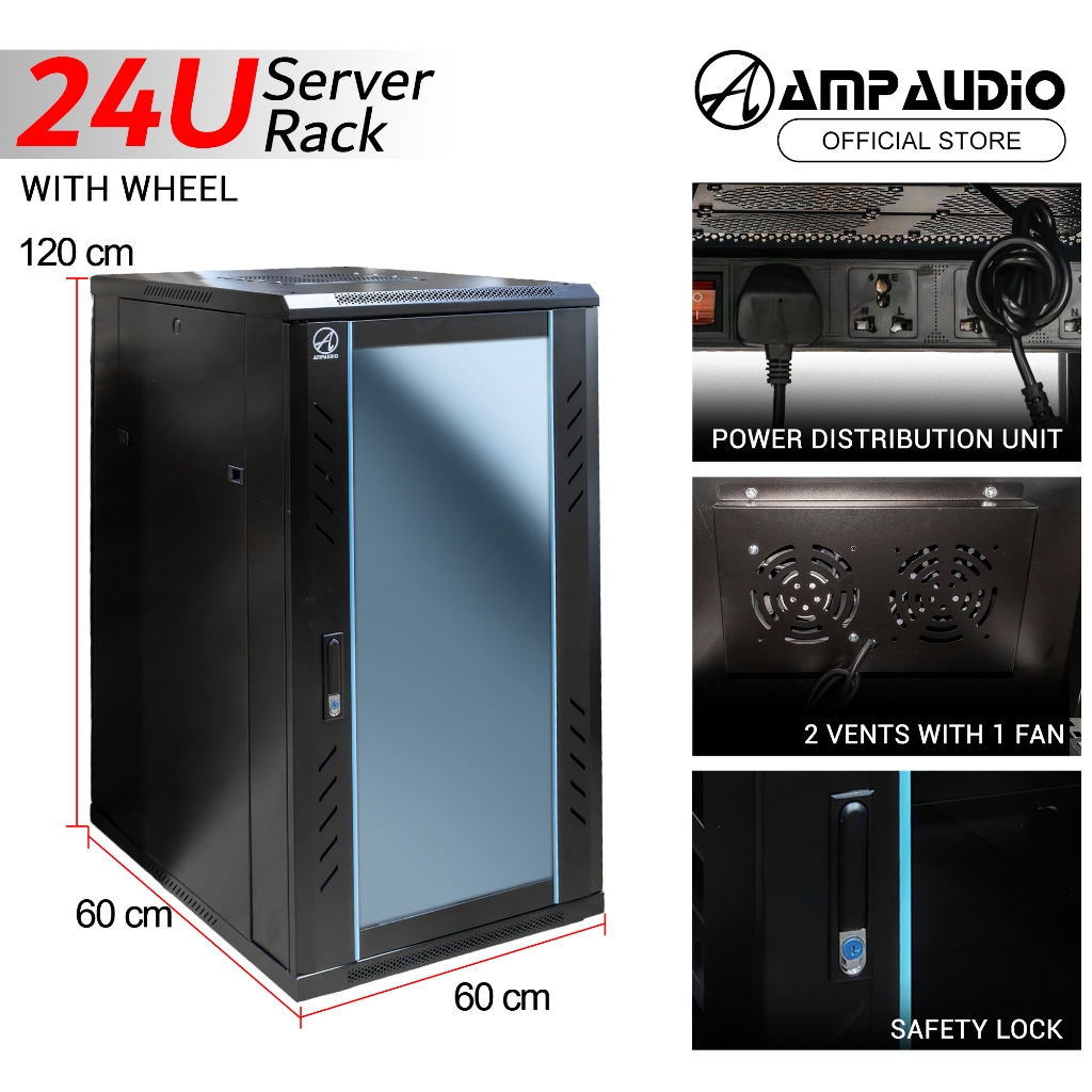 AmpAudio 24U Server Rack 60 cm Deep Cabinet Glass Door with PDU & Free ...