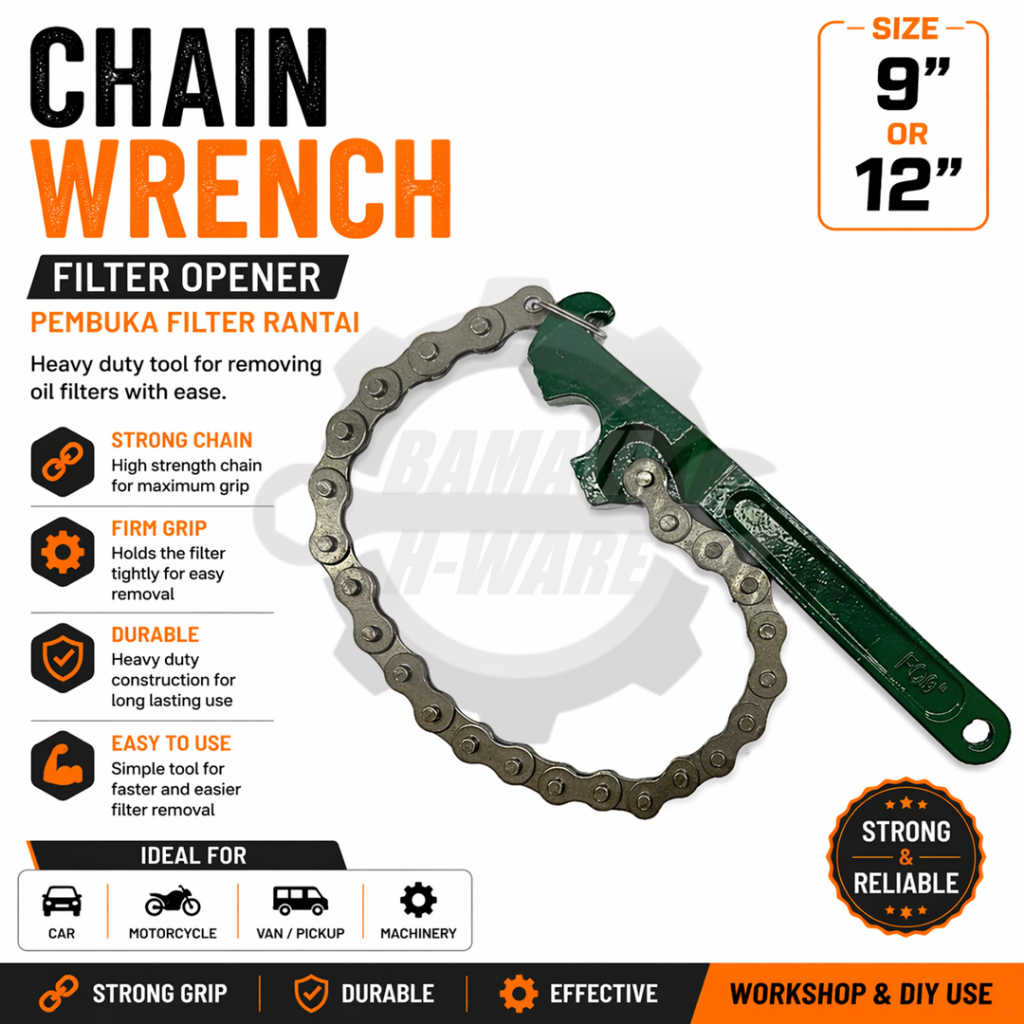 BMY Oil Filter Chain Wrench. Filter Opener. 9''/12'' Filter Opener ...