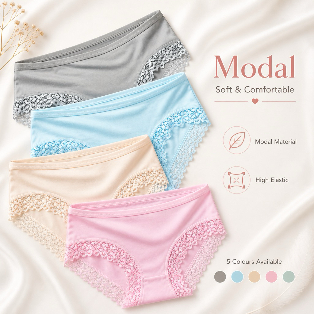 🇲🇾 [17C]L -2XL 5pcs set Women Low Waist Modal Lace Hem Briefs Panties ...