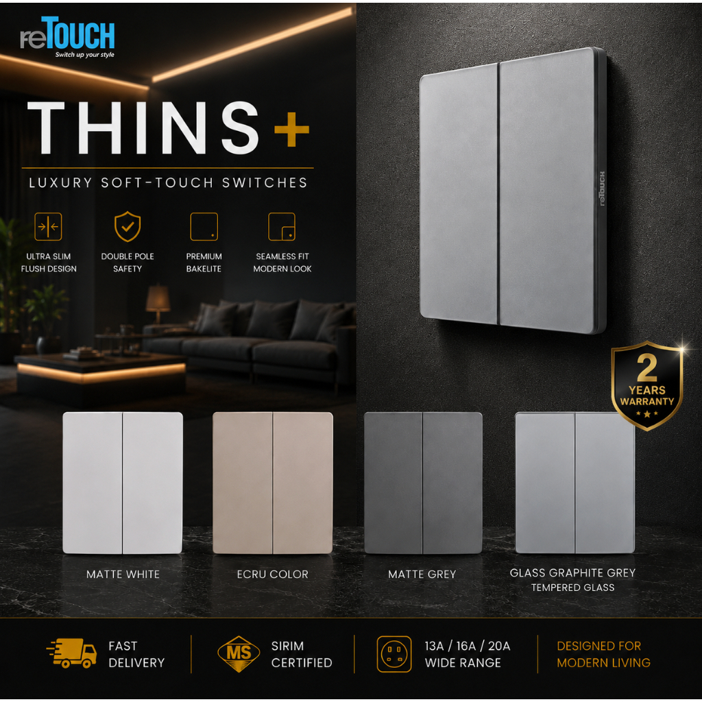 (SIRIM) Retouch Thins+ Glass Grey Black White Gold Slim Switch Socket ...
