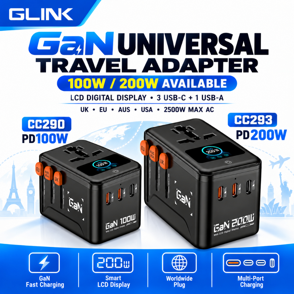 GLINK CC290 CC293 GaN Universal Travel Adapter 100W 200W with LCD ...