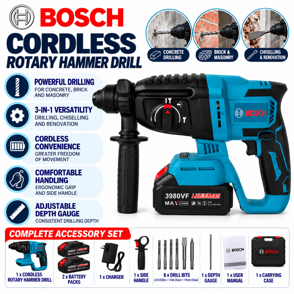 Bosch Cordless Drill 3-IN-1 Hammer Drill Powerful Drilling Complete ...