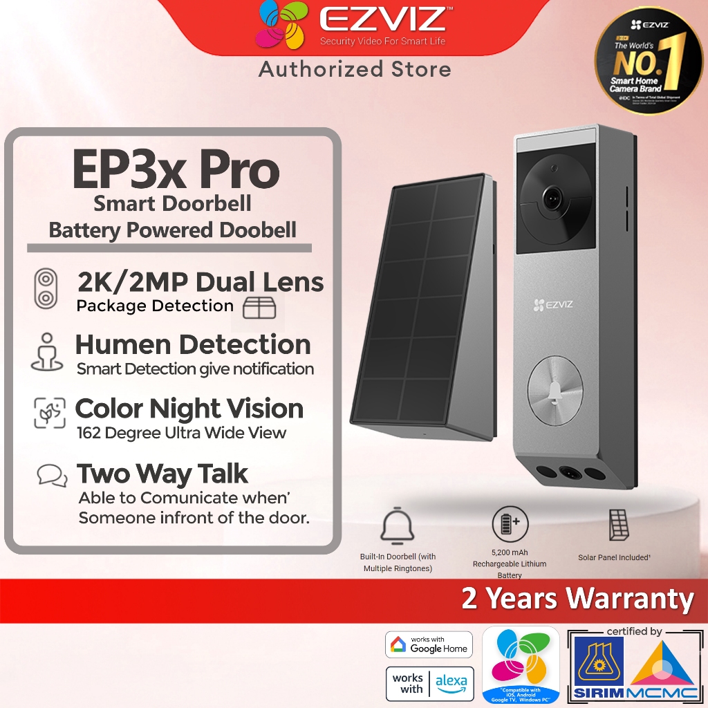 EZVIZ EP3x Pro 2K 3MP + 2MP Video Doorbell Battery-Powered Wireless ...