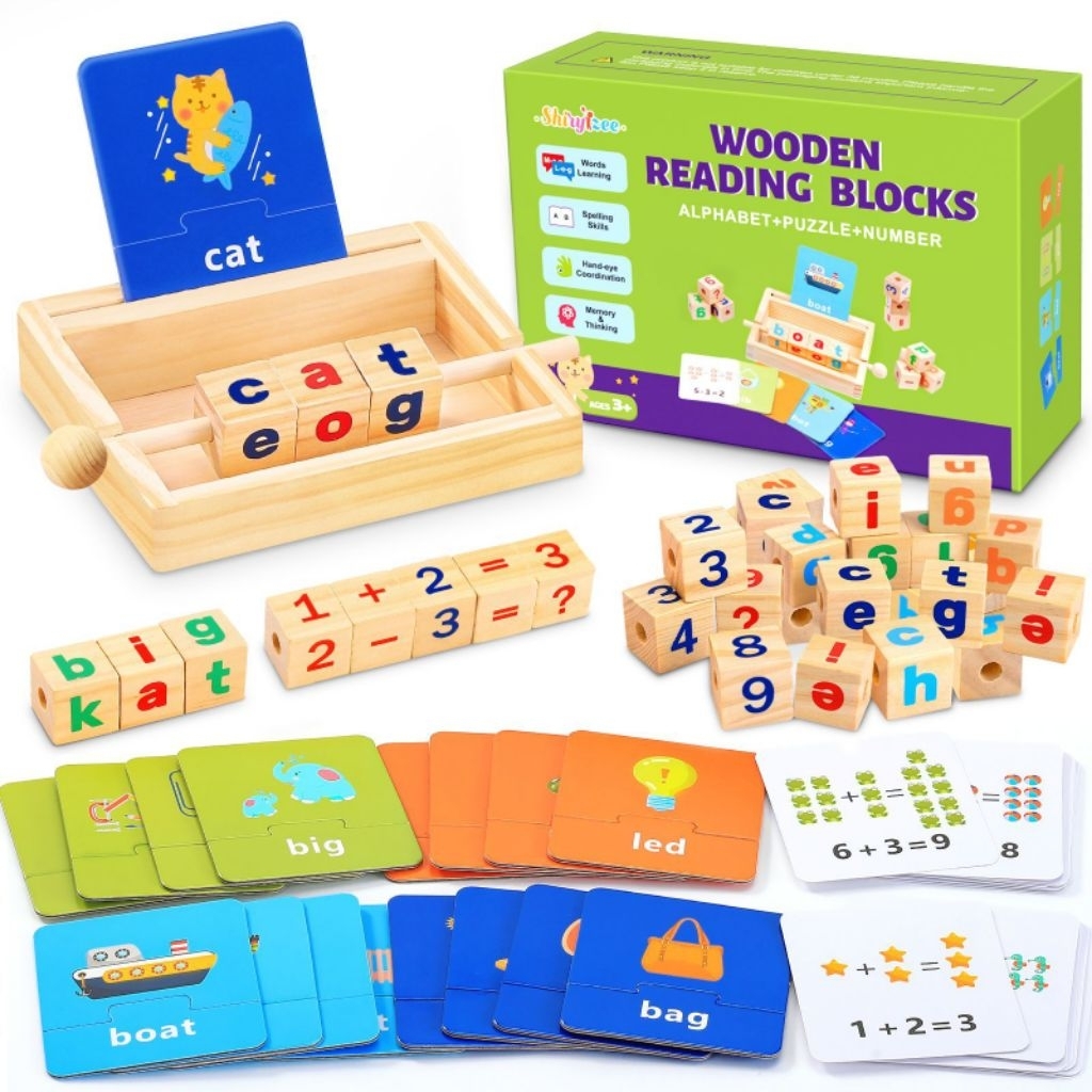 Wooden Reading Blocks ABC Word Learning Spelling Skills Alphabet Number ...