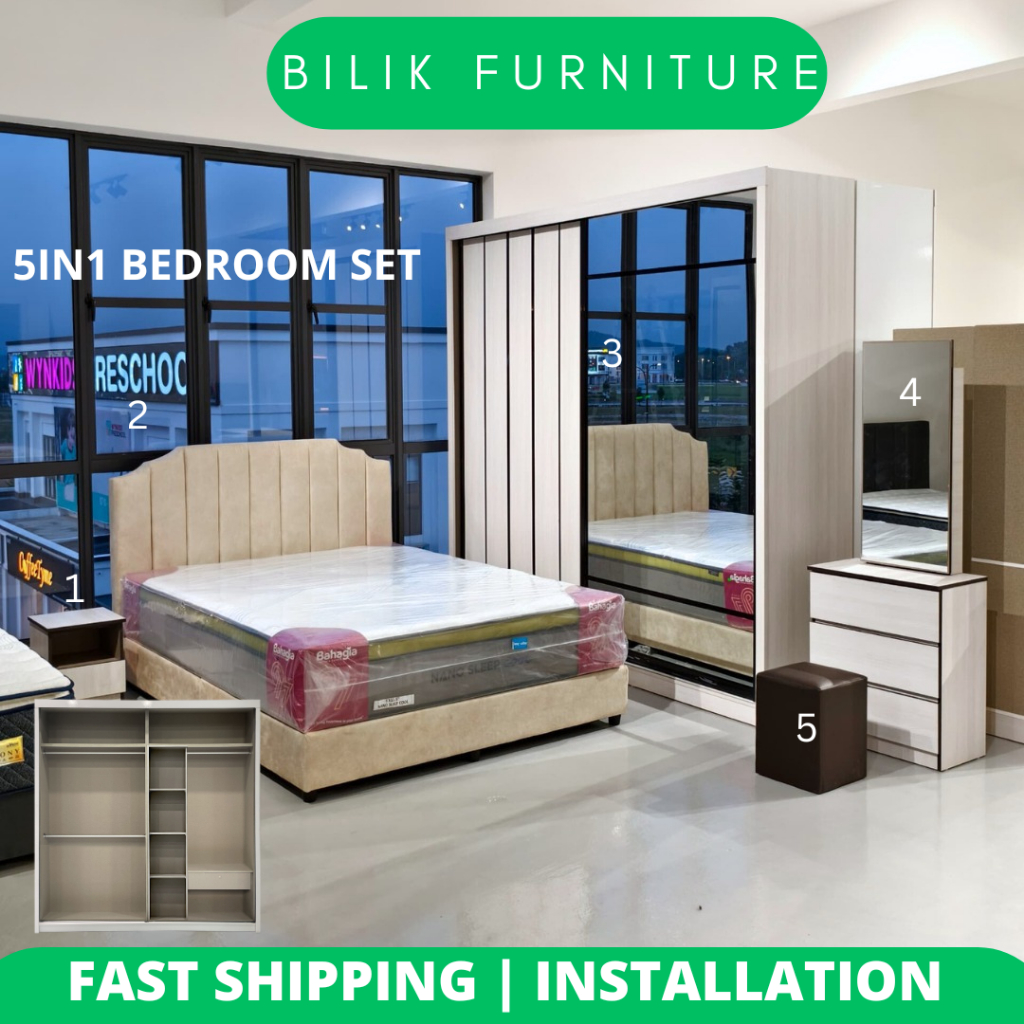 bilik Furniture- Bedroom Set | Bedframe + 8ft x 8ft Wardrobe+Dressing ...