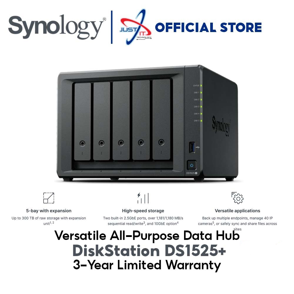 SYNOLOGY DS1525+ 5-BAY WITH AMD V1500B 2.2GHZ QC 8GB 2.5GLAN 2NVME NAS ...