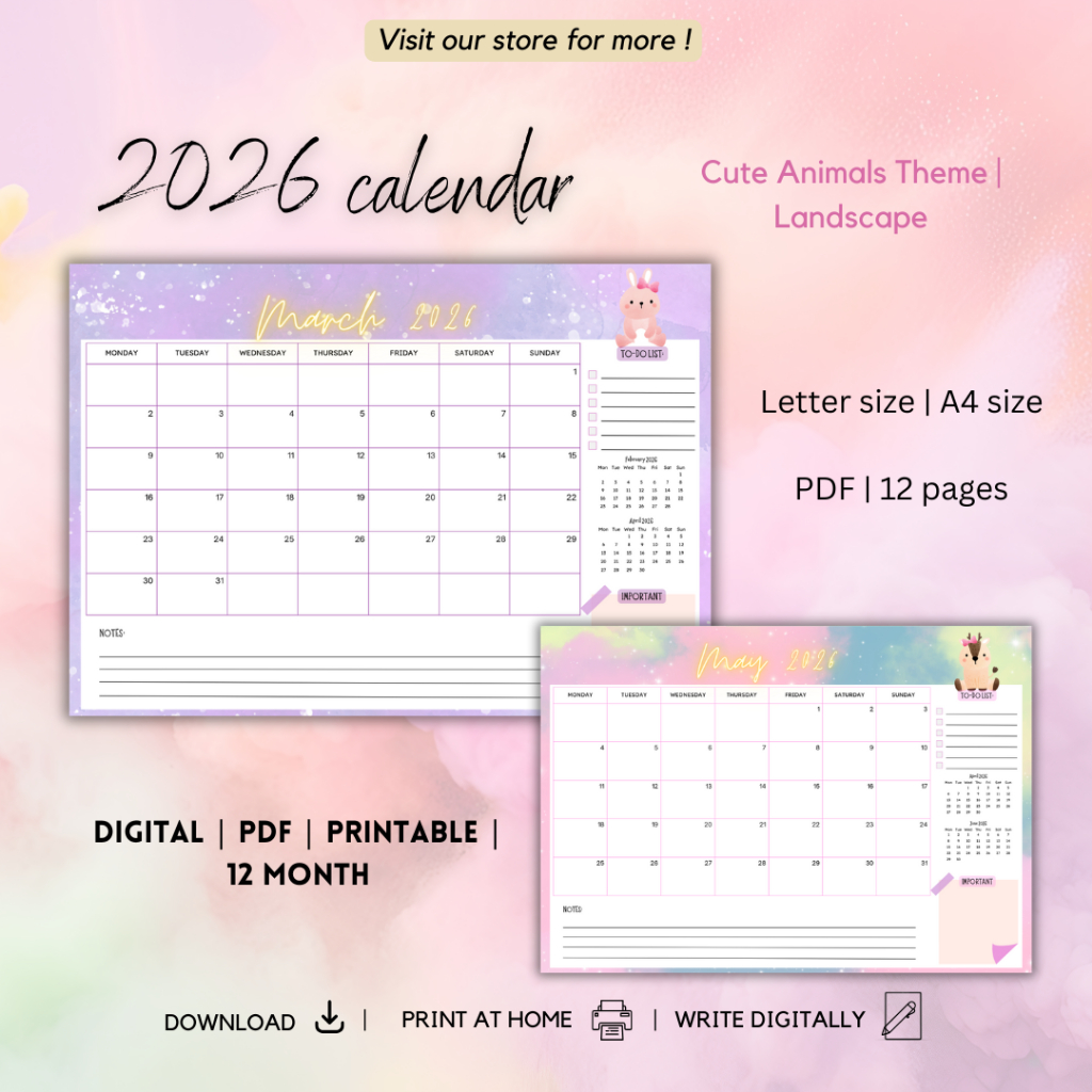 2026 CALENDAR | CUTE ANIMALS THEME | PDF | HORIZONTAL | DIGITAL