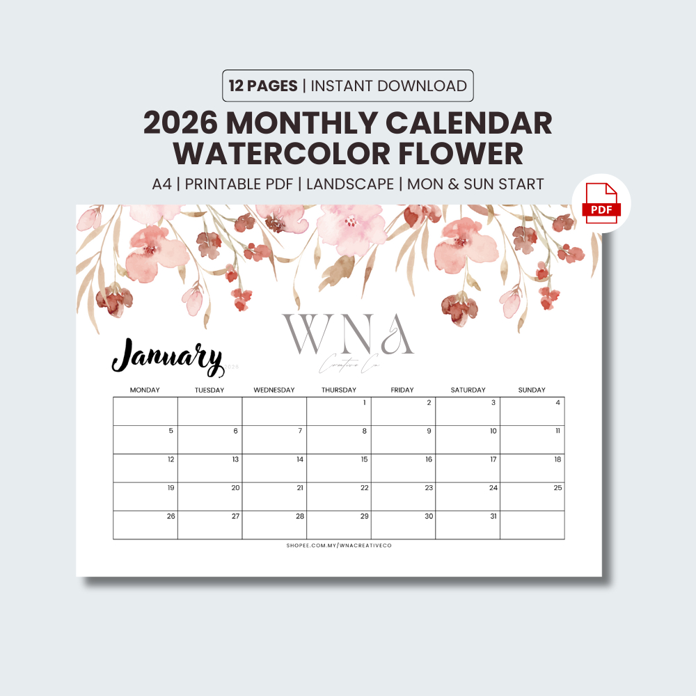2026 Calendar Printable | Watercolor Flower | Monthly Planner | Monday ...