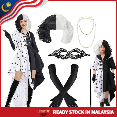 Cruella De Vil Black & White Polka Dot Costume Dress for Women and Girls   101 Dalmatians Villain Halloween Cosplay Outf | Shopee Malaysia