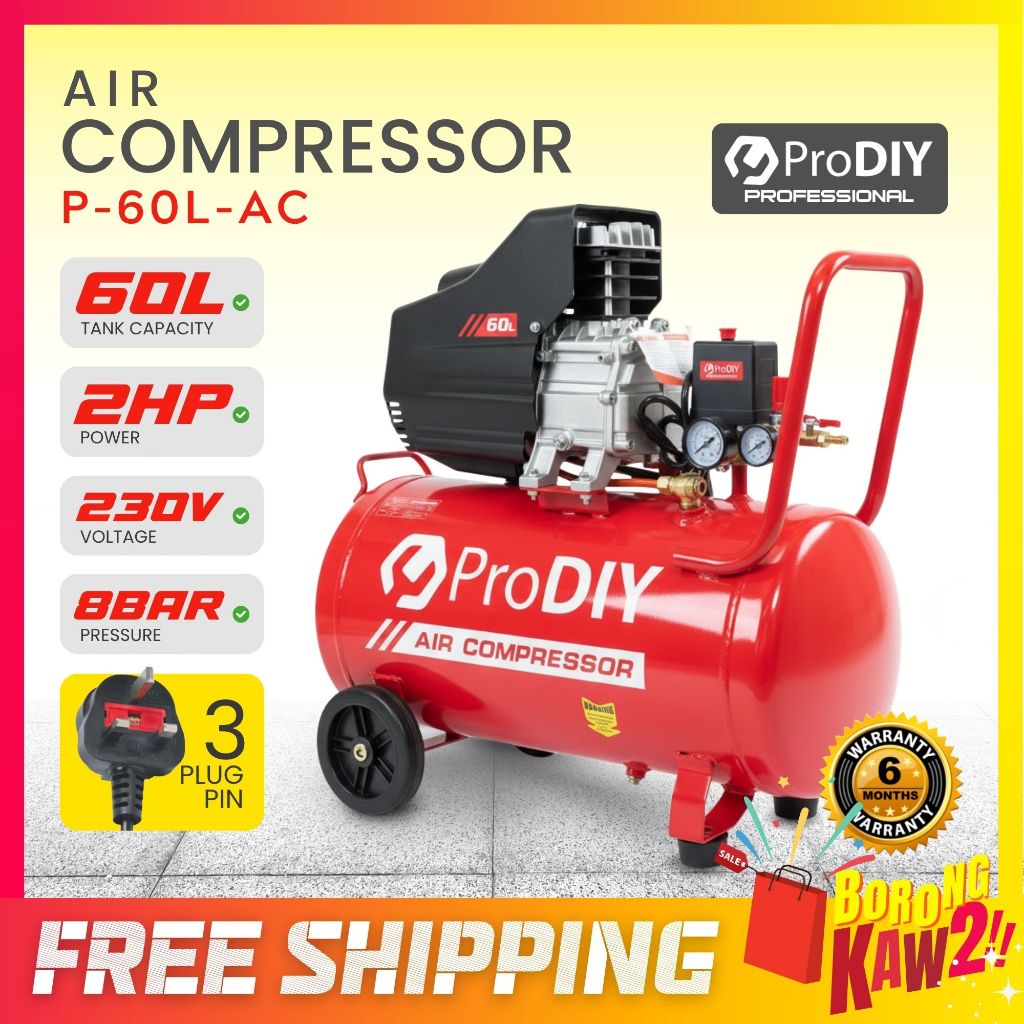 60 Litre Tank Air Compressor 2HP 8Bar 192L/min 60L Kompresor Angin ...
