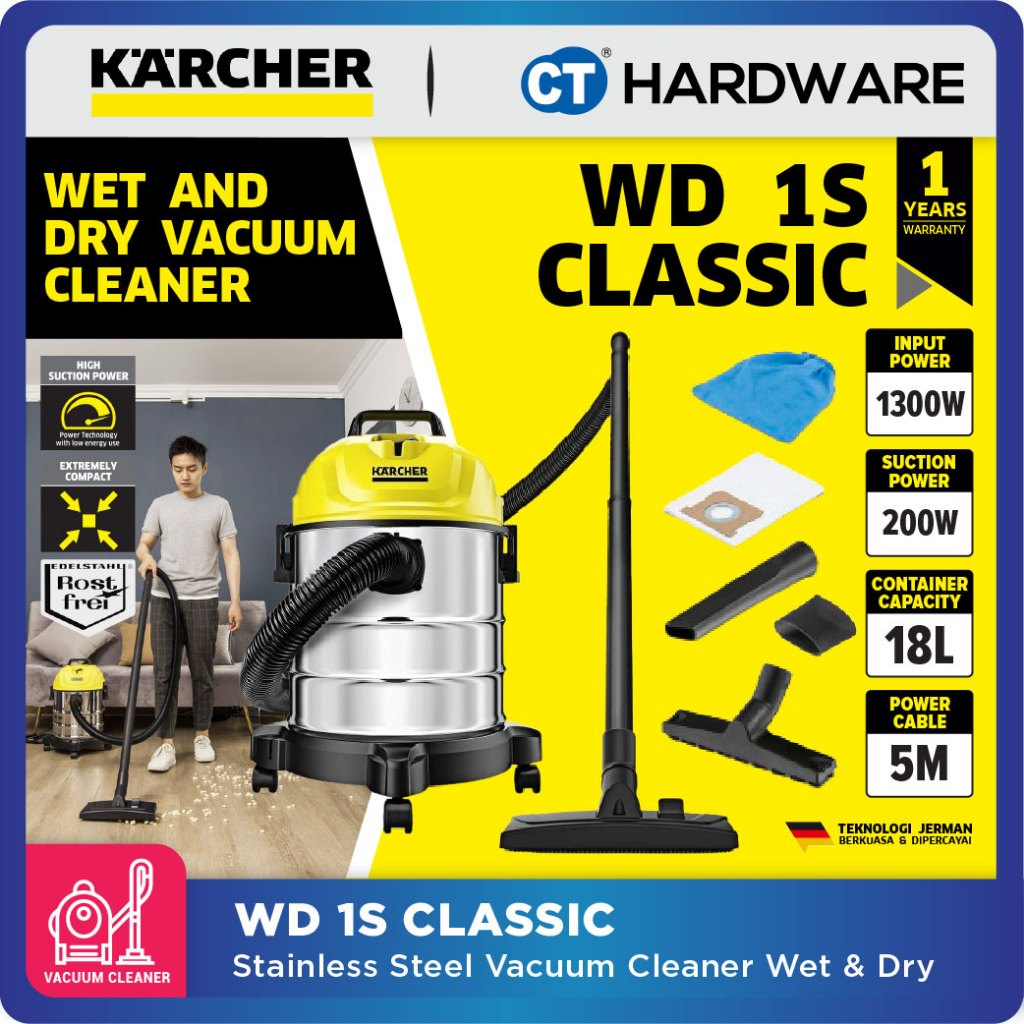 KARCHER WD 1S CLASSIC STAINLESS STEEL WET AND DRY VACUUM CLEANER 18L ...