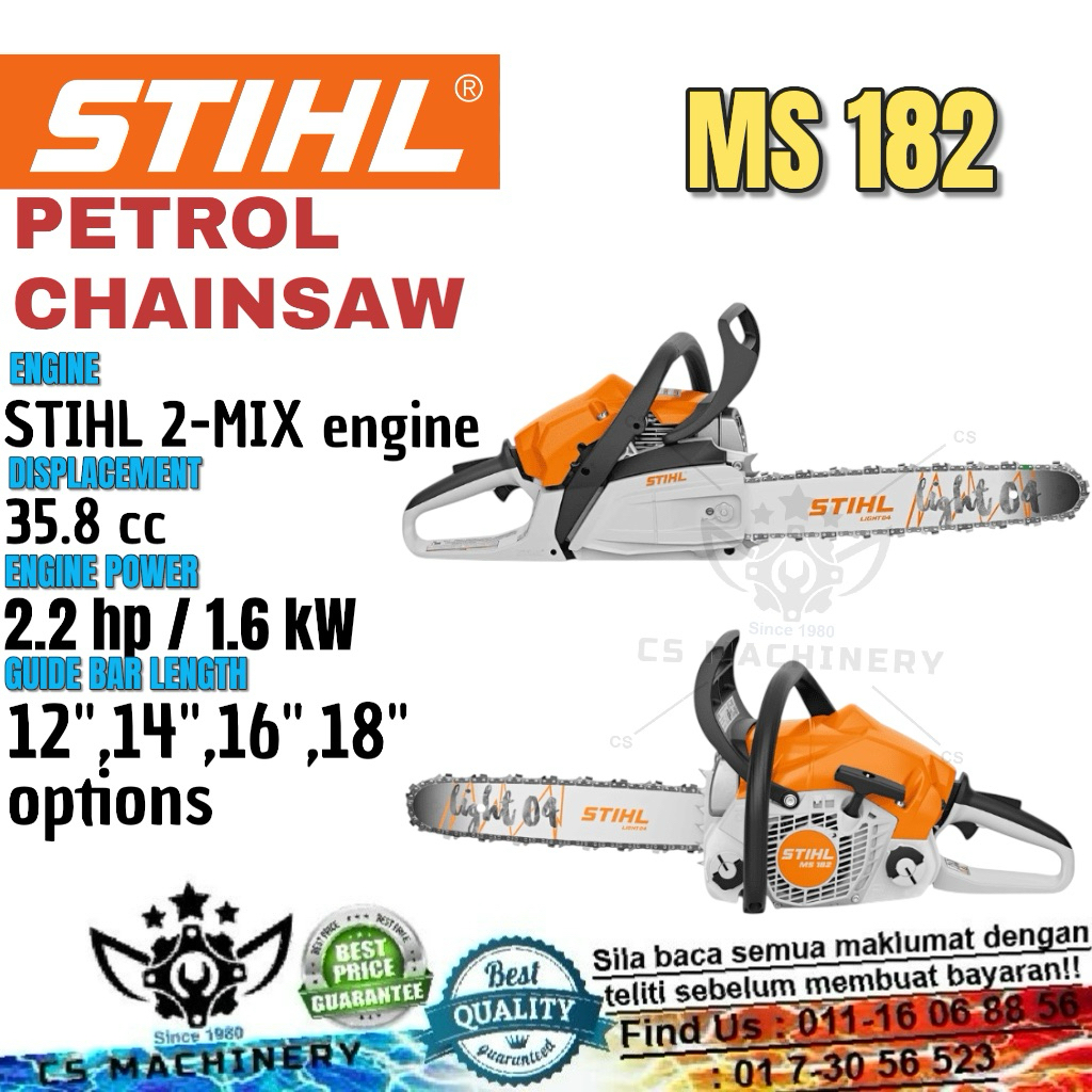 100% ORIGINAL STIHL Chainsaw MS182 (12”/14”/16”/18” Guide Bar) | Shopee ...