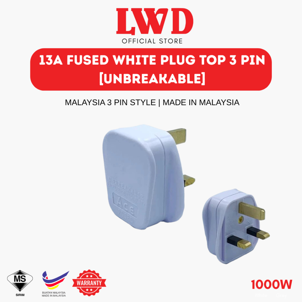 LWD 13A Fused White Plug Top 3 Pin [UNBREAKABLE] | Shopee Malaysia